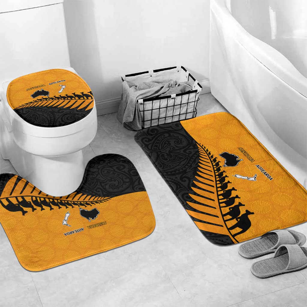 Australia New Zealand Rugby Bathroom Set Gold Aboriginal Wallabies and Maori Black Fern - Aussie Hoodie