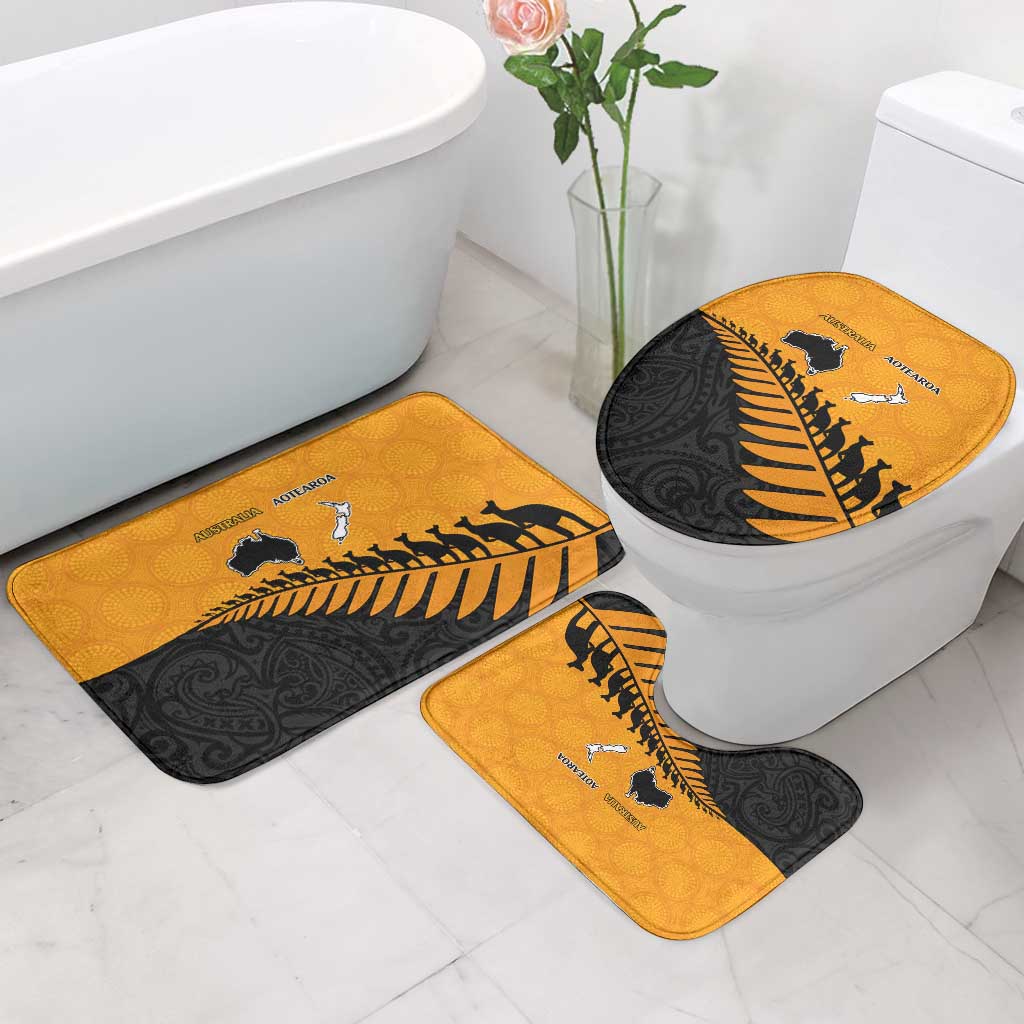 Australia New Zealand Rugby Bathroom Set Gold Aboriginal Wallabies and Maori Black Fern - Aussie Hoodie