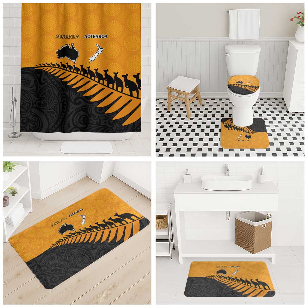 Australia New Zealand Rugby Bathroom Set Gold Aboriginal Wallabies and Maori Black Fern - Aussie Hoodie