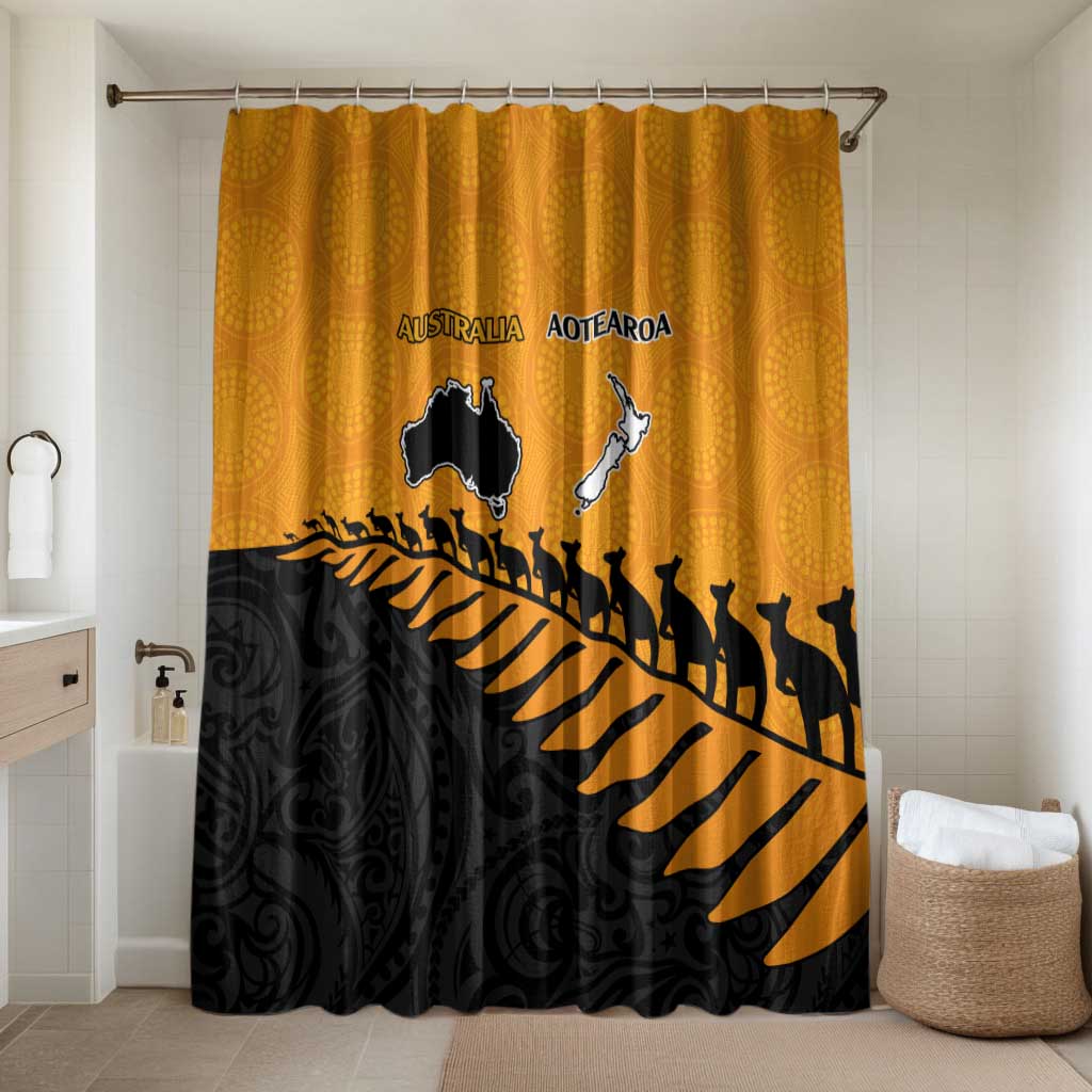 Australia New Zealand Rugby Bathroom Set Gold Aboriginal Wallabies and Maori Black Fern - Aussie Hoodie