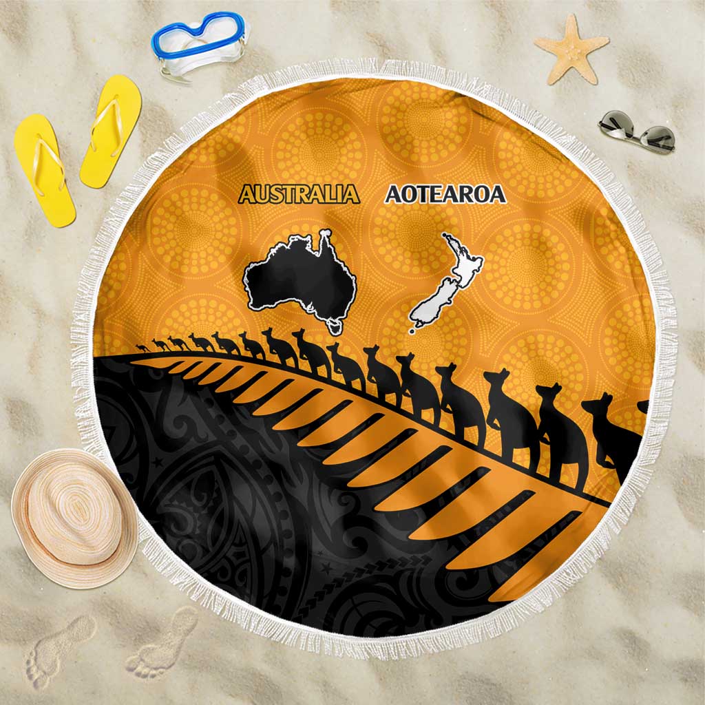 Australia New Zealand Rugby Beach Blanket Gold Aboriginal Wallabies and Maori Black Fern - Aussie Hoodie