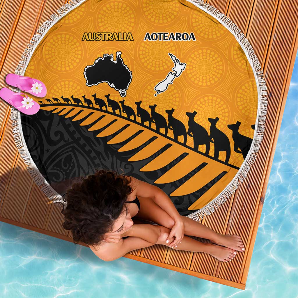 Australia New Zealand Rugby Beach Blanket Gold Aboriginal Wallabies and Maori Black Fern - Aussie Hoodie