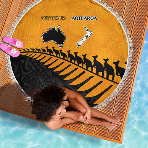 Australia New Zealand Rugby Beach Blanket Gold Aboriginal Wallabies and Maori Black Fern - Aussie Hoodie
