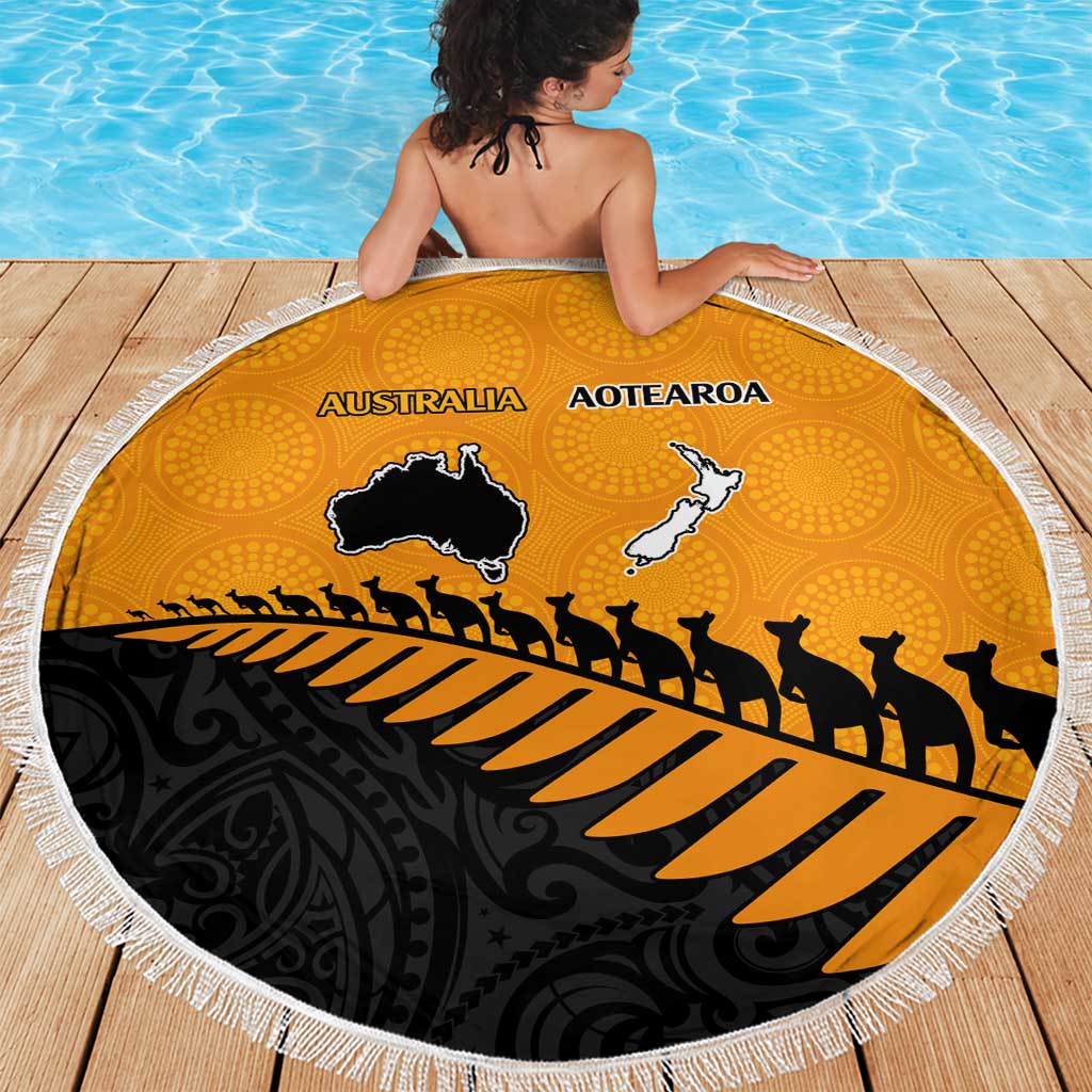 Australia New Zealand Rugby Beach Blanket Gold Aboriginal Wallabies and Maori Black Fern - Aussie Hoodie