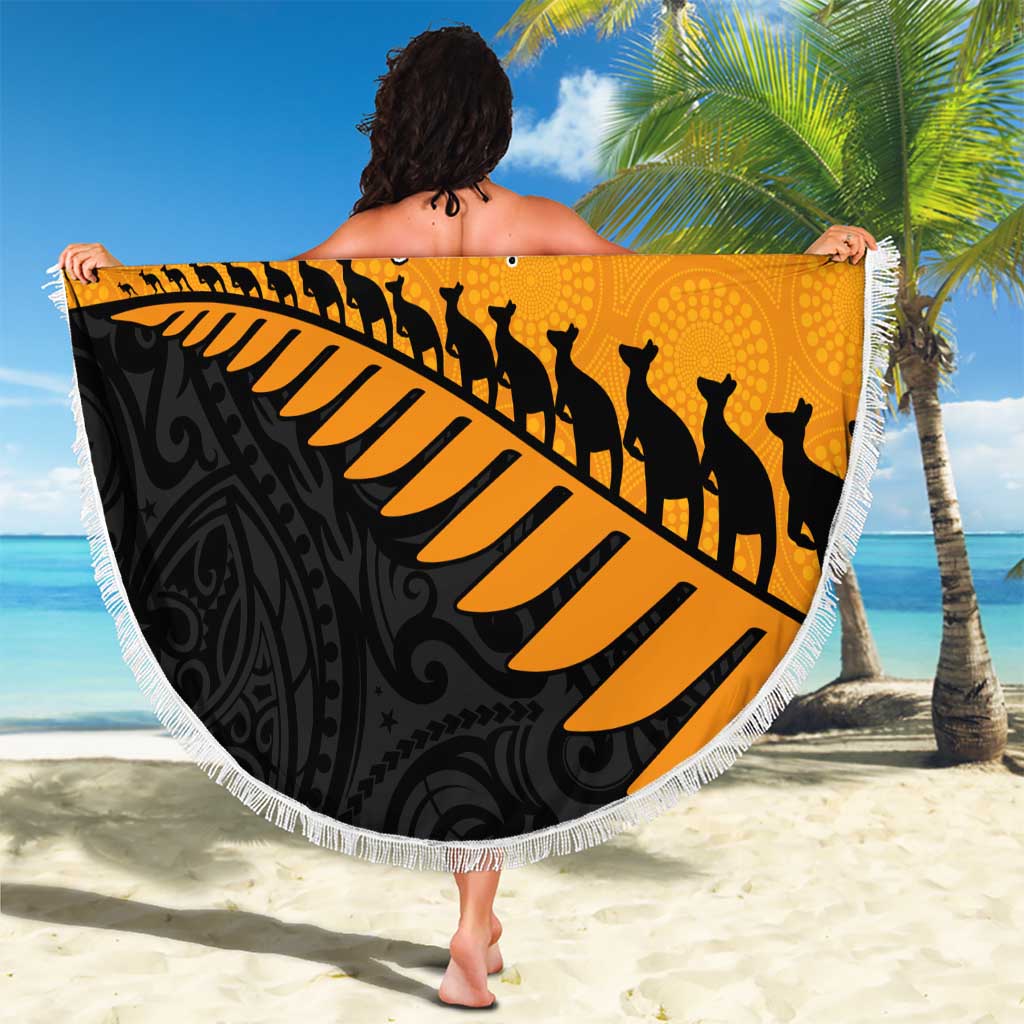Australia New Zealand Rugby Beach Blanket Gold Aboriginal Wallabies and Maori Black Fern - Aussie Hoodie