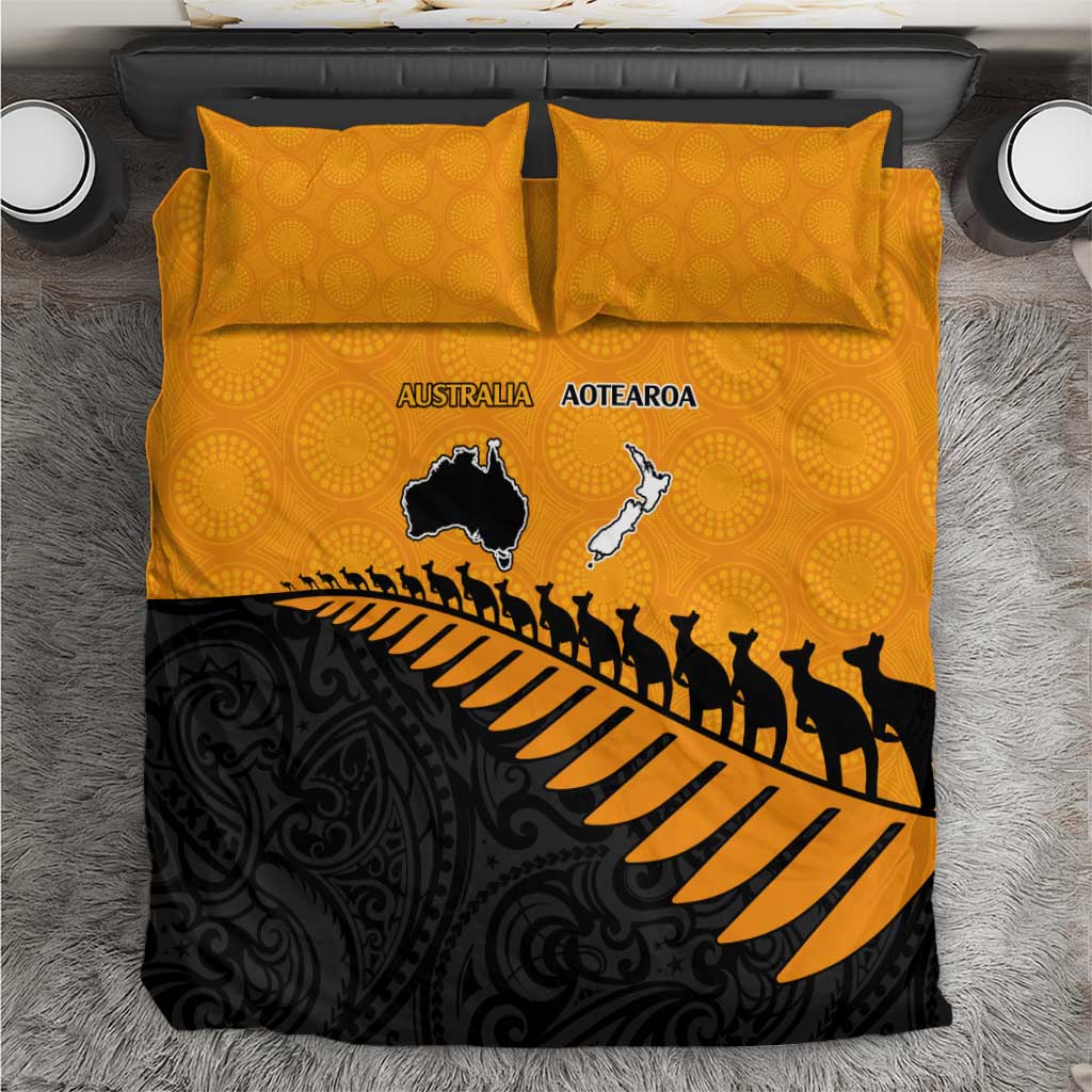 Australia New Zealand Rugby Bedding Set Gold Aboriginal Wallabies and Maori Black Fern - Aussie Hoodie