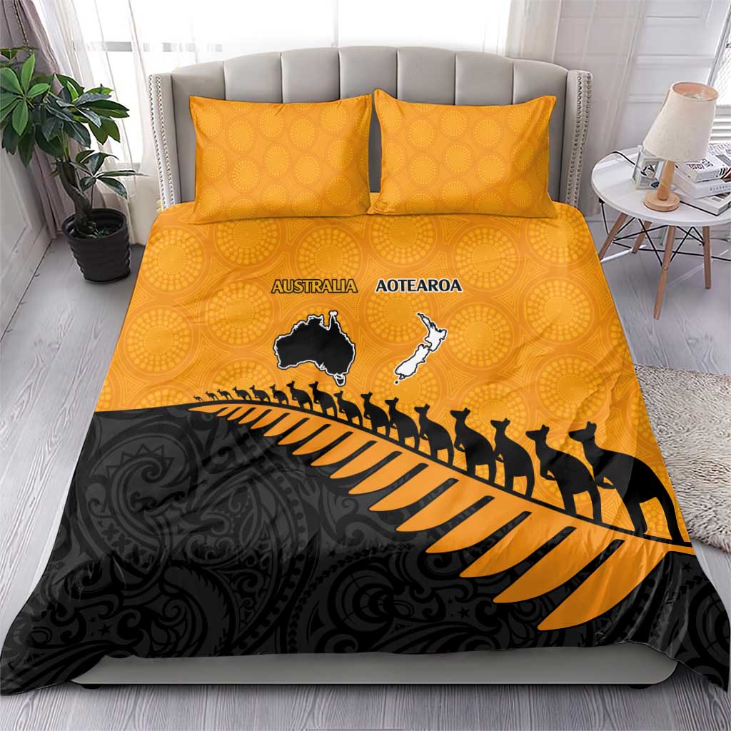Australia New Zealand Rugby Bedding Set Gold Aboriginal Wallabies and Maori Black Fern - Aussie Hoodie