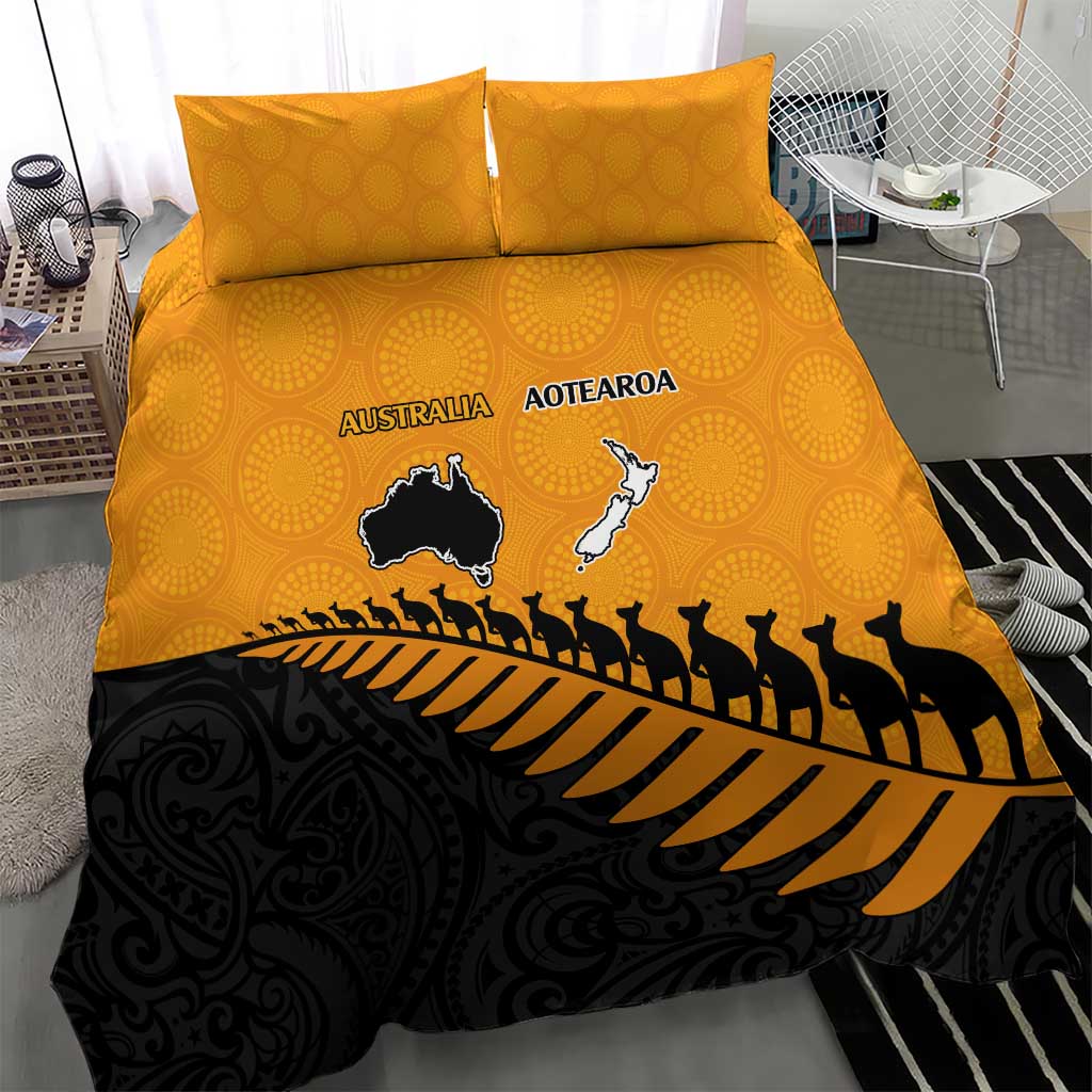 Australia New Zealand Rugby Bedding Set Gold Aboriginal Wallabies and Maori Black Fern - Aussie Hoodie