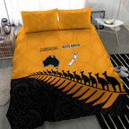 Australia New Zealand Rugby Bedding Set Gold Aboriginal Wallabies and Maori Black Fern - Aussie Hoodie