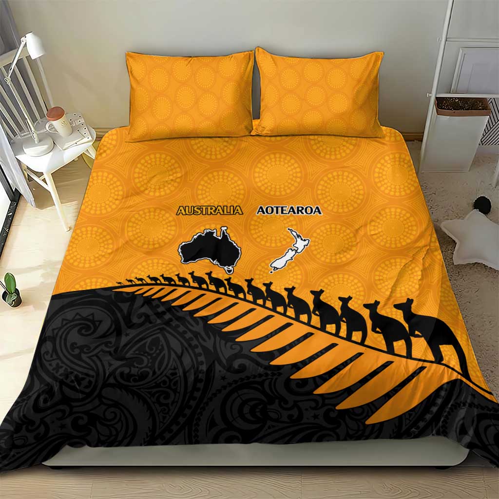 Australia New Zealand Rugby Bedding Set Gold Aboriginal Wallabies and Maori Black Fern - Aussie Hoodie