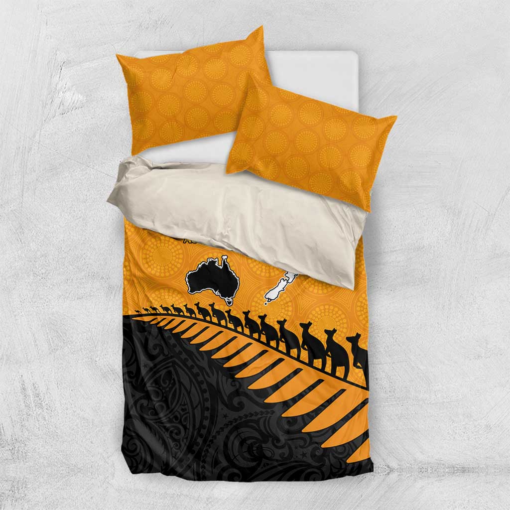 Australia New Zealand Rugby Bedding Set Gold Aboriginal Wallabies and Maori Black Fern - Aussie Hoodie