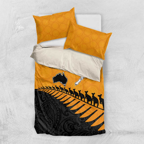 Australia New Zealand Rugby Bedding Set Gold Aboriginal Wallabies and Maori Black Fern - Aussie Hoodie
