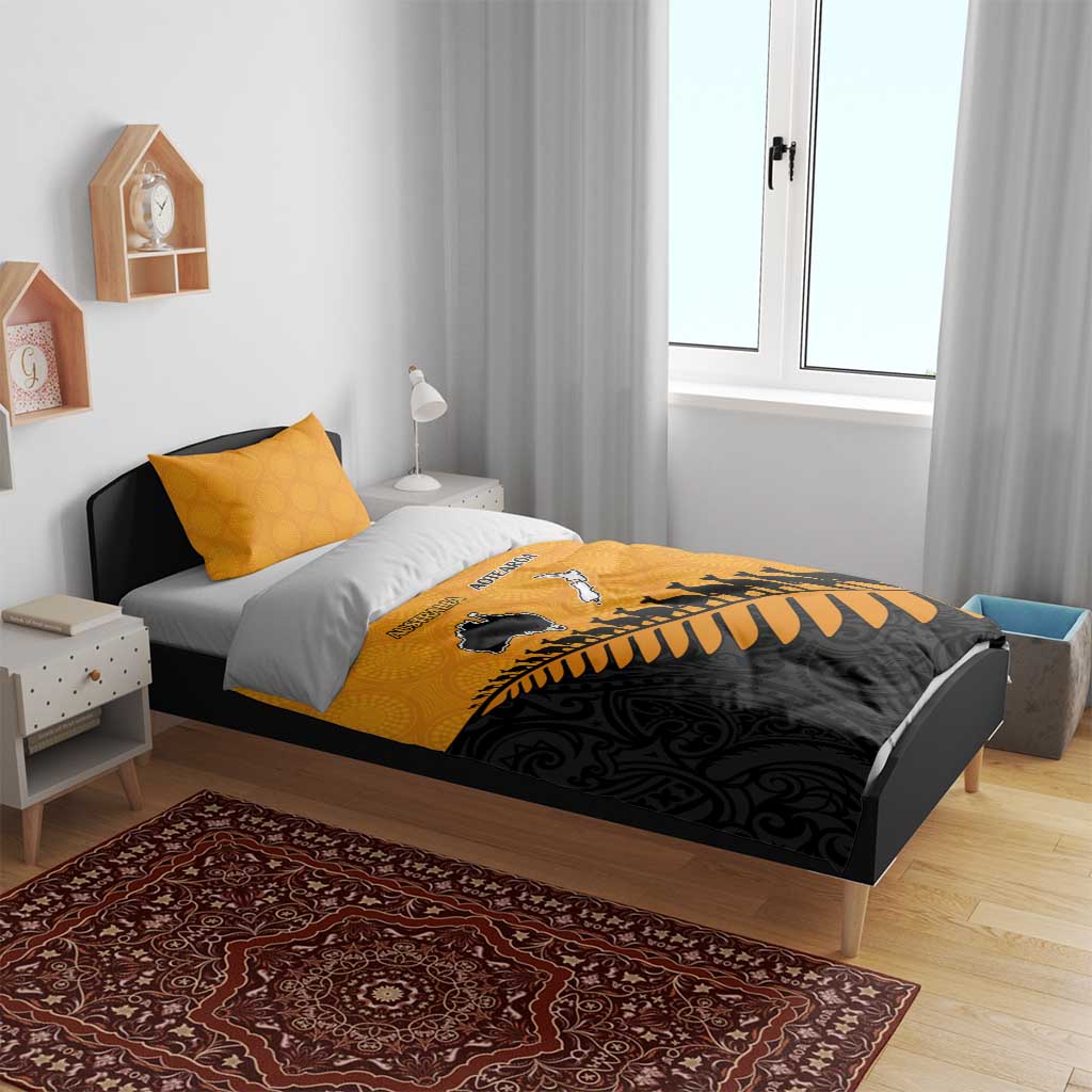 Australia New Zealand Rugby Bedding Set Gold Aboriginal Wallabies and Maori Black Fern - Aussie Hoodie