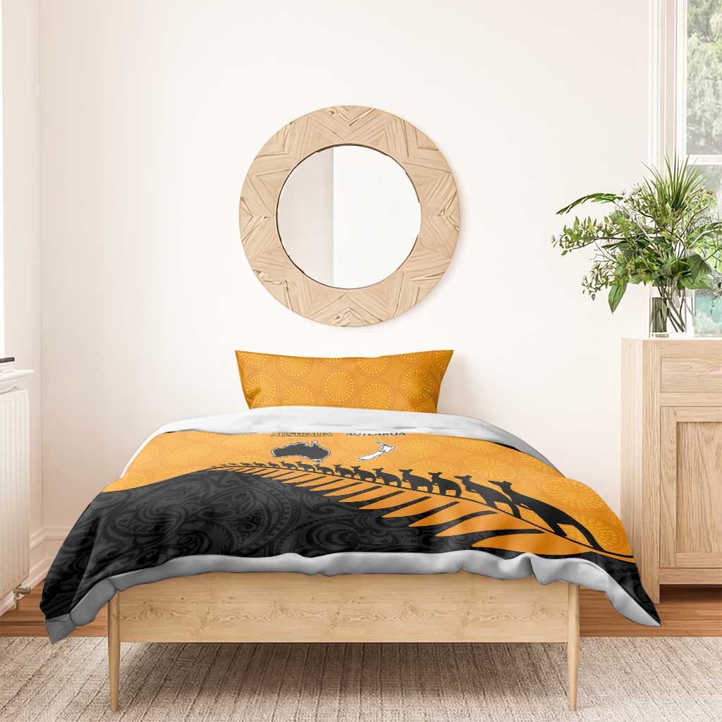 Australia New Zealand Rugby Bedding Set Gold Aboriginal Wallabies and Maori Black Fern - Aussie Hoodie