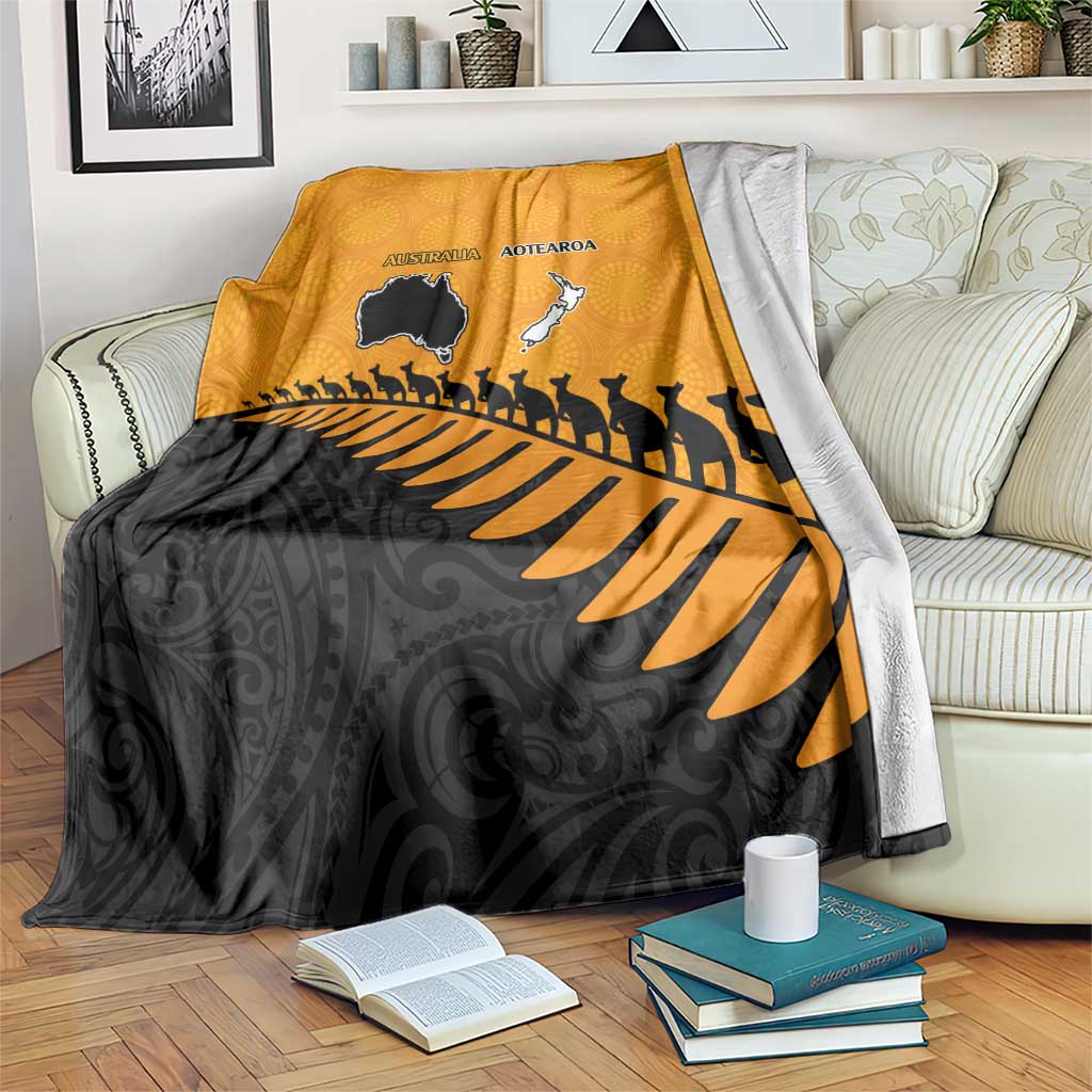 Australia New Zealand Rugby Blanket Gold Aboriginal Wallabies and Maori Black Fern - Aussie Hoodie