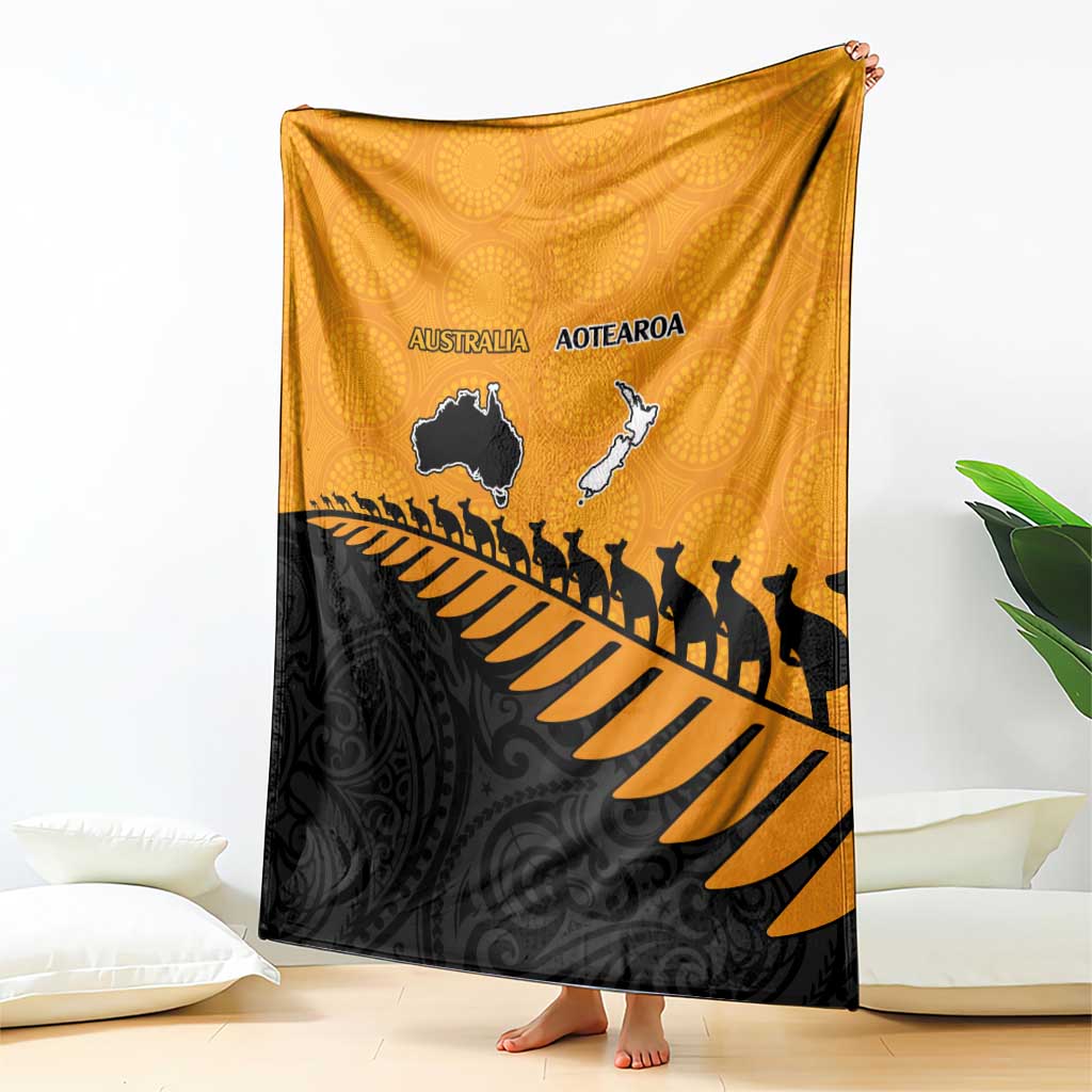 Australia New Zealand Rugby Blanket Gold Aboriginal Wallabies and Maori Black Fern - Aussie Hoodie