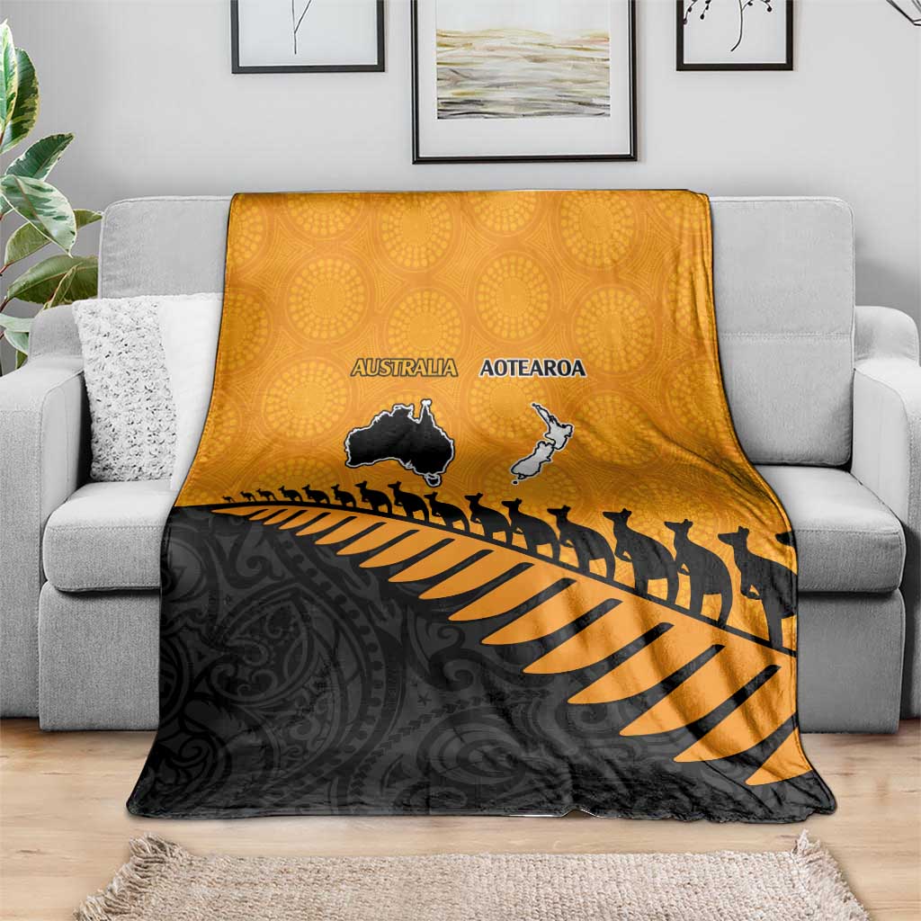 Australia New Zealand Rugby Blanket Gold Aboriginal Wallabies and Maori Black Fern - Aussie Hoodie