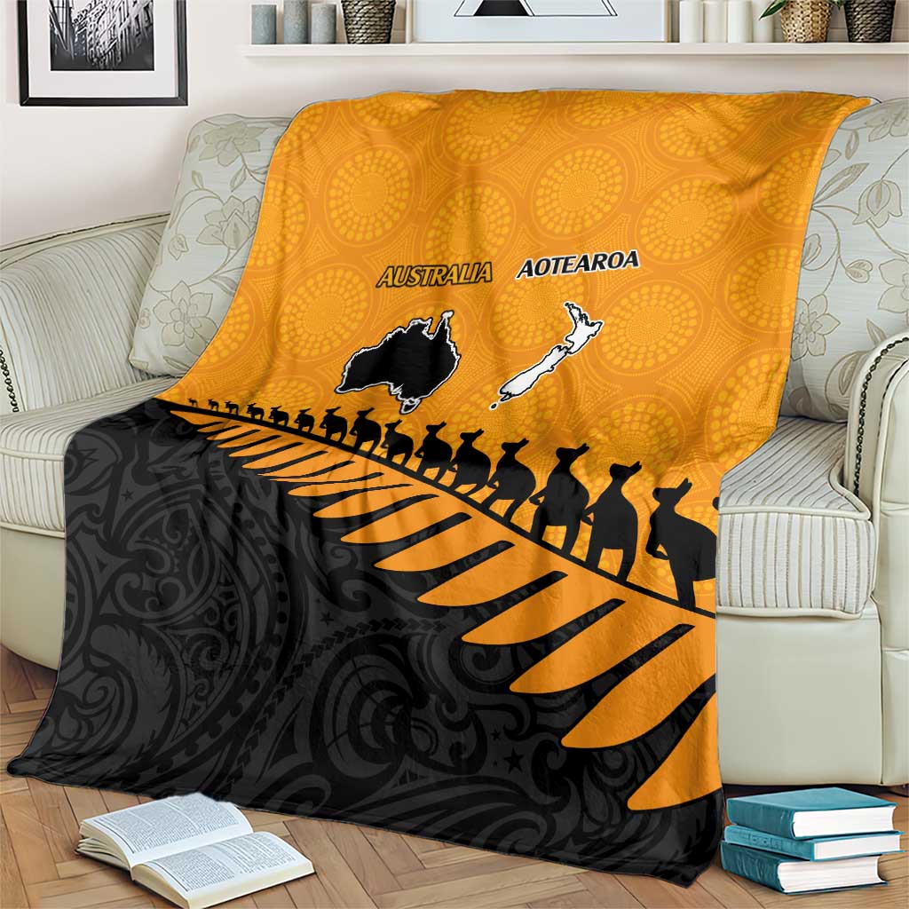 Australia New Zealand Rugby Blanket Gold Aboriginal Wallabies and Maori Black Fern - Aussie Hoodie