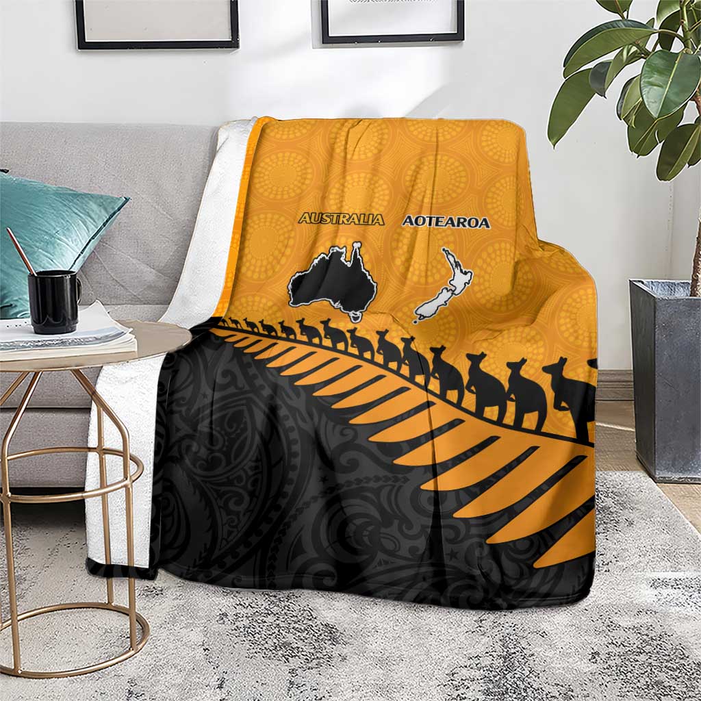 Australia New Zealand Rugby Blanket Gold Aboriginal Wallabies and Maori Black Fern - Aussie Hoodie