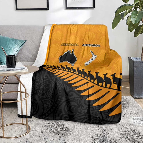Australia New Zealand Rugby Blanket Gold Aboriginal Wallabies and Maori Black Fern - Aussie Hoodie