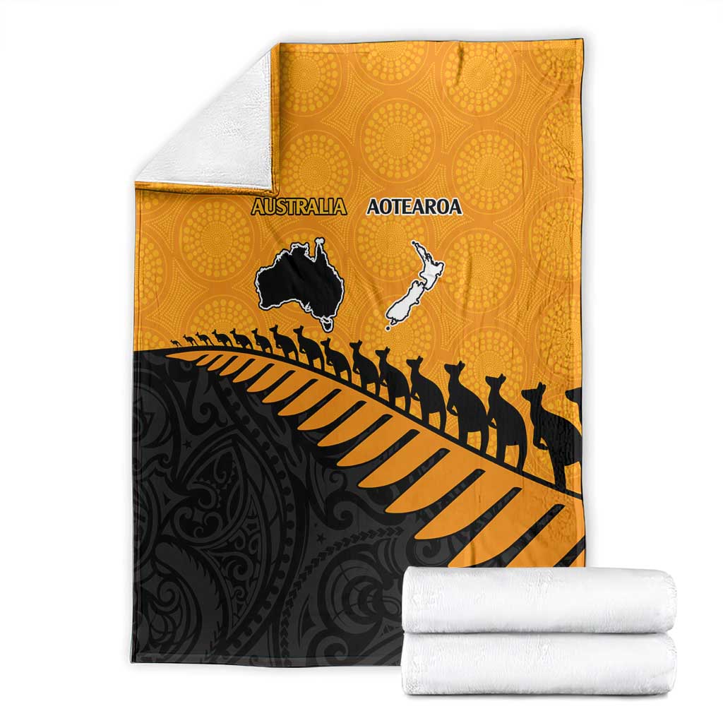 Australia New Zealand Rugby Blanket Gold Aboriginal Wallabies and Maori Black Fern - Aussie Hoodie