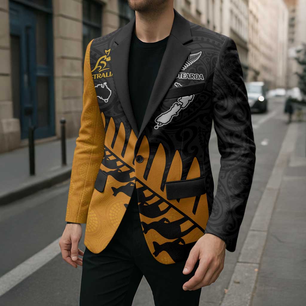 Australia New Zealand Rugby Blazer Gold Aboriginal Wallabies and Maori Black Fern - Aussie Hoodie