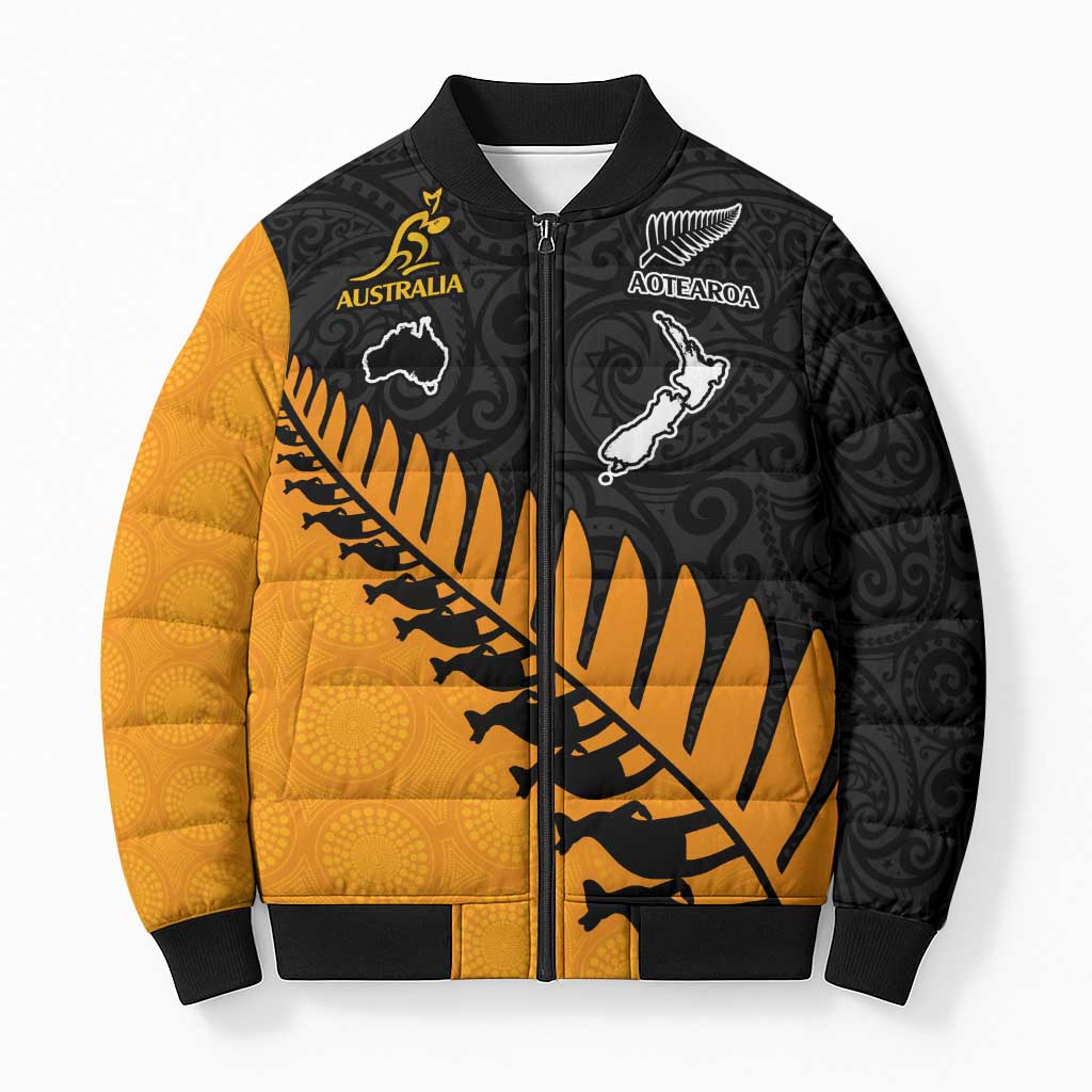 Australia New Zealand Rugby Bomber Puffer Jacket Gold Aboriginal Wallabies and Maori Black Fern - Aussie Hoodie