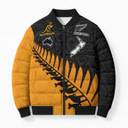 Australia New Zealand Rugby Bomber Puffer Jacket Gold Aboriginal Wallabies and Maori Black Fern - Aussie Hoodie