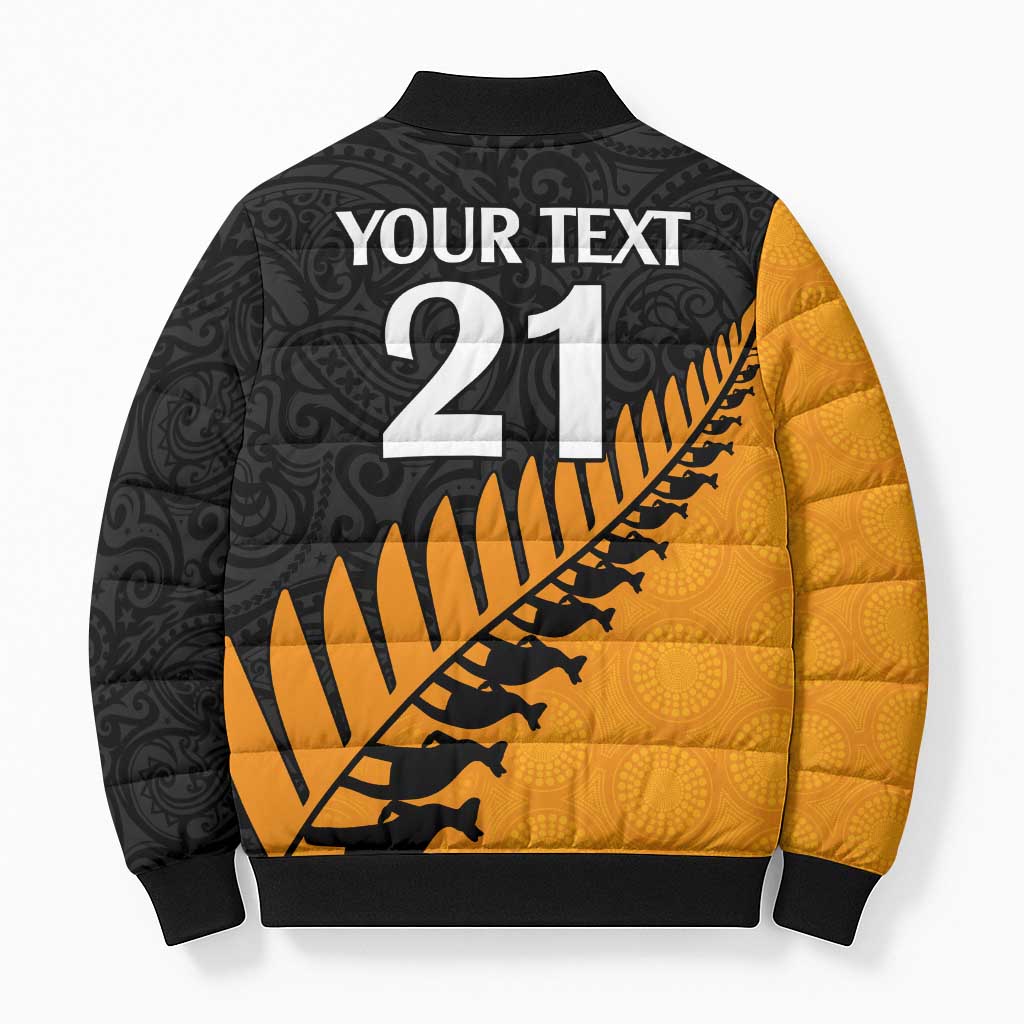 Australia New Zealand Rugby Bomber Puffer Jacket Gold Aboriginal Wallabies and Maori Black Fern - Aussie Hoodie