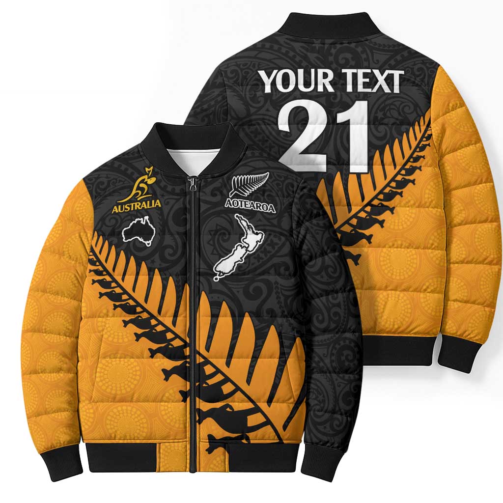 Australia New Zealand Rugby Bomber Puffer Jacket Gold Aboriginal Wallabies and Maori Black Fern - Aussie Hoodie