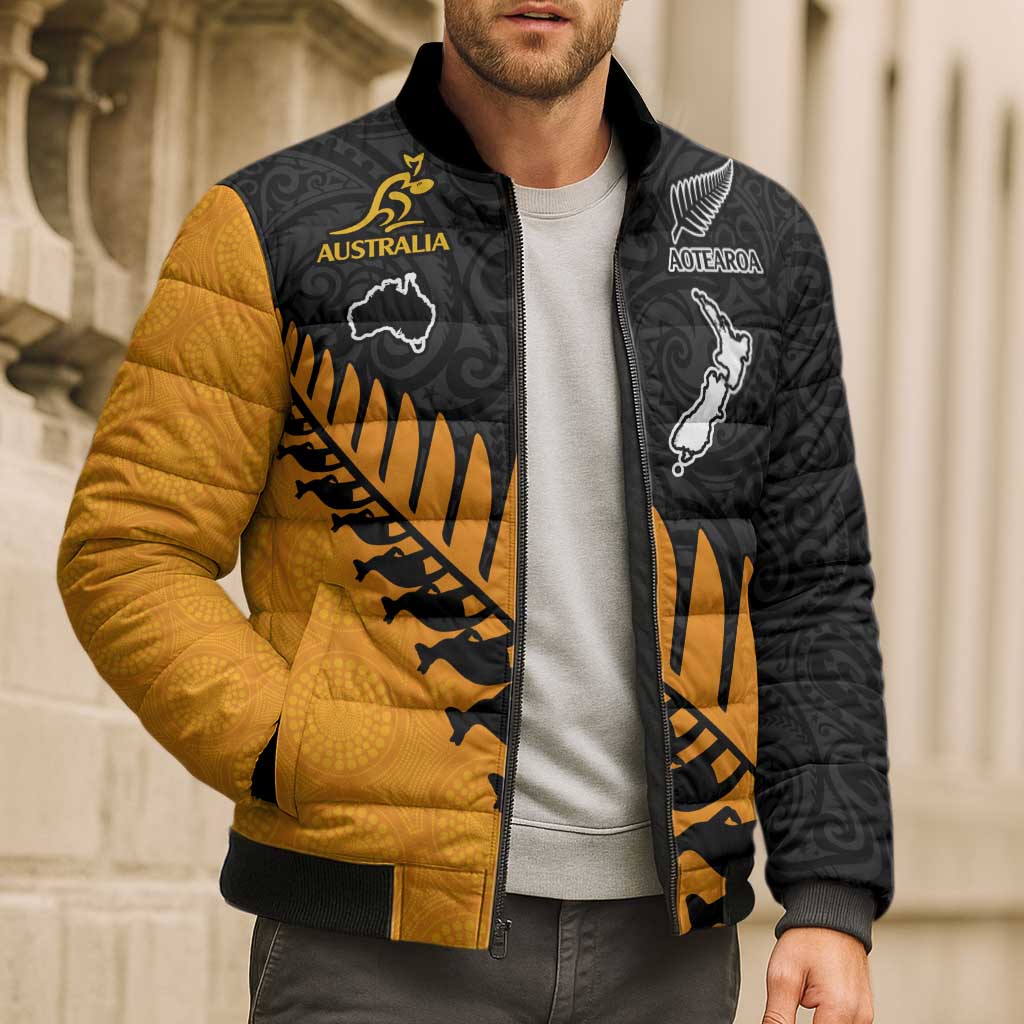 Australia New Zealand Rugby Bomber Puffer Jacket Gold Aboriginal Wallabies and Maori Black Fern - Aussie Hoodie