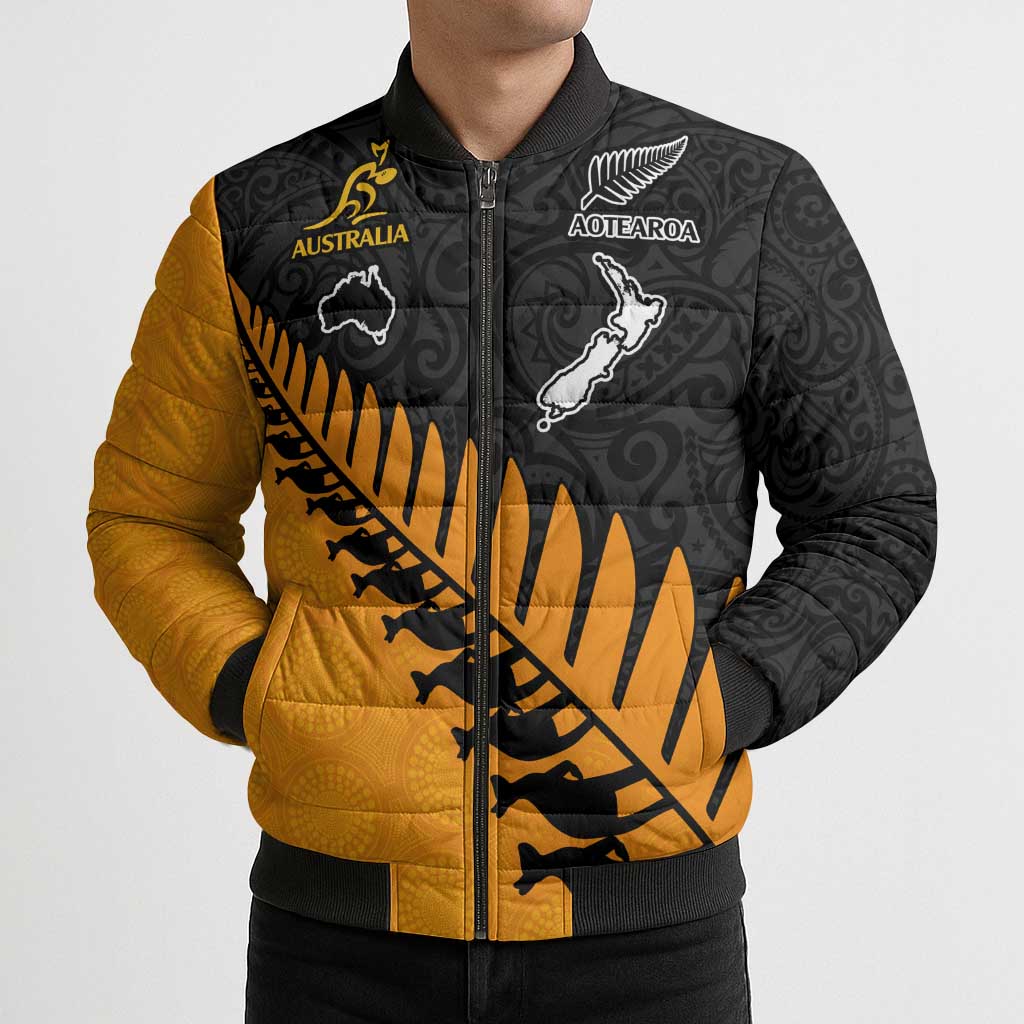 Australia New Zealand Rugby Bomber Puffer Jacket Gold Aboriginal Wallabies and Maori Black Fern - Aussie Hoodie