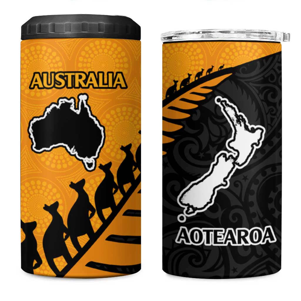 Australia New Zealand Rugby 4 in 1 Can Cooler Tumbler Gold Aboriginal Wallabies and Maori Black Fern - Aussie Hoodie