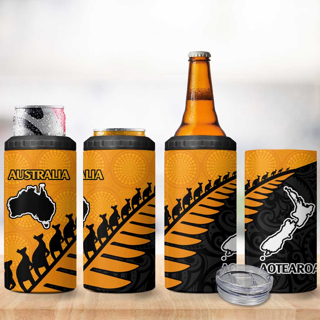 Australia New Zealand Rugby 4 in 1 Can Cooler Tumbler Gold Aboriginal Wallabies and Maori Black Fern - Aussie Hoodie