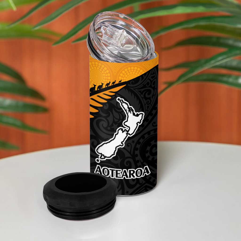 Australia New Zealand Rugby 4 in 1 Can Cooler Tumbler Gold Aboriginal Wallabies and Maori Black Fern - Aussie Hoodie