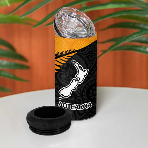 Australia New Zealand Rugby 4 in 1 Can Cooler Tumbler Gold Aboriginal Wallabies and Maori Black Fern - Aussie Hoodie