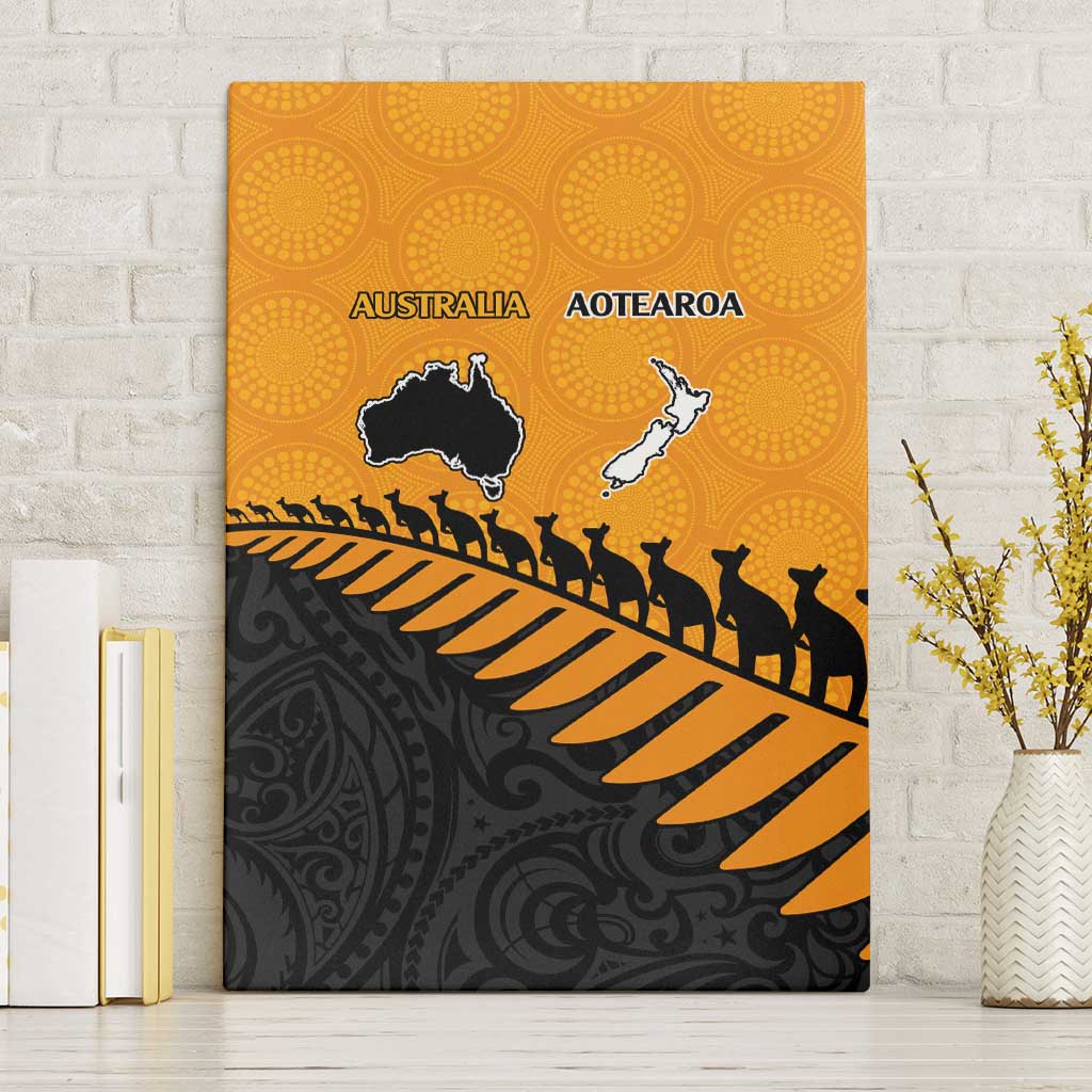 Australia New Zealand Rugby Canvas Wall Art Gold Aboriginal Wallabies and Maori Black Fern - Aussie Hoodie