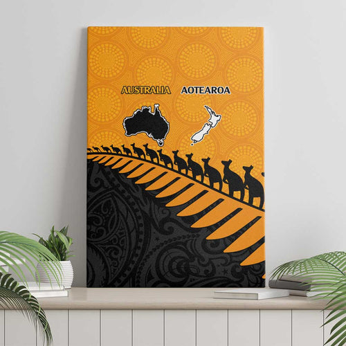 Australia New Zealand Rugby Canvas Wall Art Gold Aboriginal Wallabies and Maori Black Fern - Aussie Hoodie