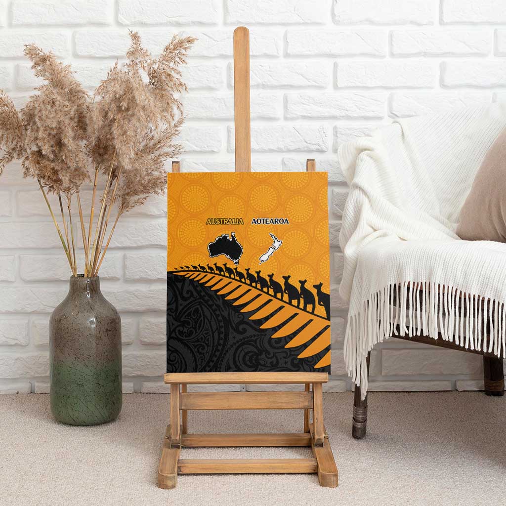 Australia New Zealand Rugby Canvas Wall Art Gold Aboriginal Wallabies and Maori Black Fern - Aussie Hoodie