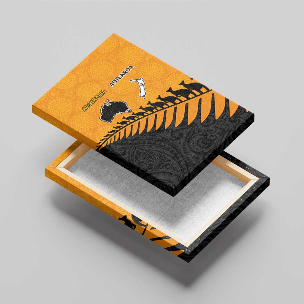 Australia New Zealand Rugby Canvas Wall Art Gold Aboriginal Wallabies and Maori Black Fern - Aussie Hoodie