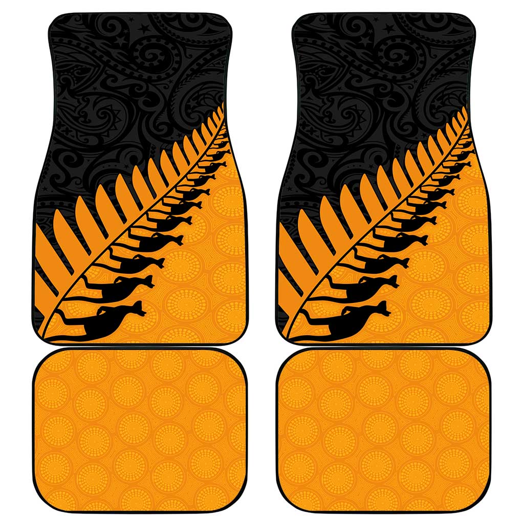Australia New Zealand Rugby Car Mats Gold Aboriginal Wallabies and Maori Black Fern - Aussie Hoodie