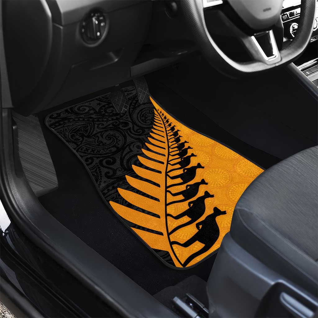 Australia New Zealand Rugby Car Mats Gold Aboriginal Wallabies and Maori Black Fern - Aussie Hoodie