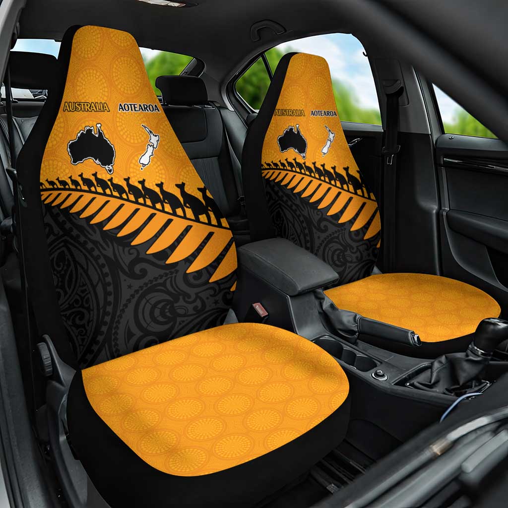 Australia New Zealand Rugby Car Seat Cover Gold Aboriginal Wallabies and Maori Black Fern - Aussie Hoodie