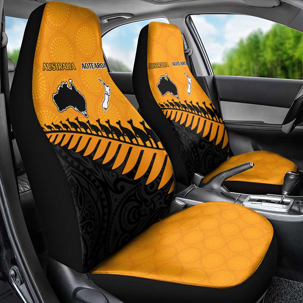 Australia New Zealand Rugby Car Seat Cover Gold Aboriginal Wallabies and Maori Black Fern - Aussie Hoodie