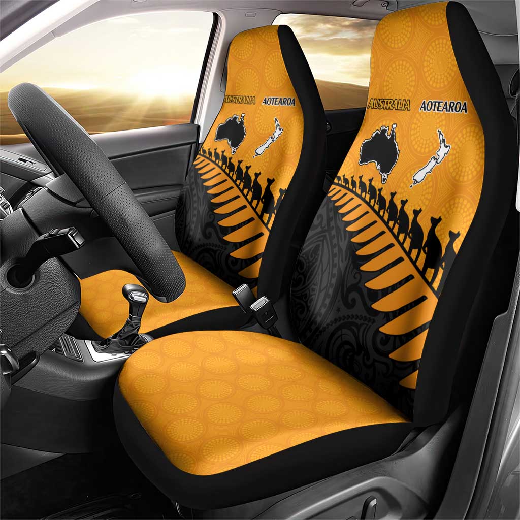 Australia New Zealand Rugby Car Seat Cover Gold Aboriginal Wallabies and Maori Black Fern - Aussie Hoodie