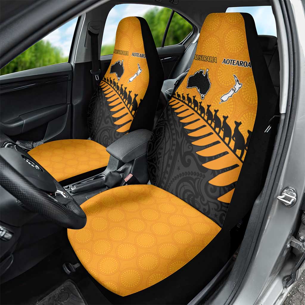 Australia New Zealand Rugby Car Seat Cover Gold Aboriginal Wallabies and Maori Black Fern - Aussie Hoodie