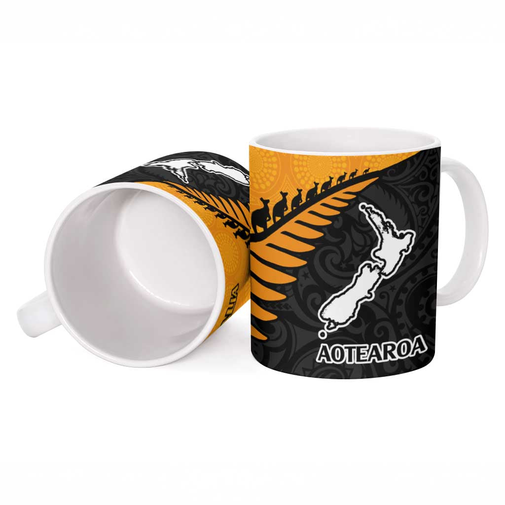 Australia New Zealand Rugby Ceramic Mug Gold Aboriginal Wallabies and Maori Black Fern - Aussie Hoodie
