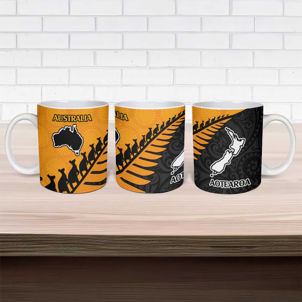 Australia New Zealand Rugby Ceramic Mug Gold Aboriginal Wallabies and Maori Black Fern - Aussie Hoodie