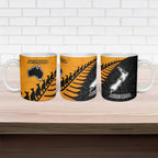 Australia New Zealand Rugby Ceramic Mug Gold Aboriginal Wallabies and Maori Black Fern - Aussie Hoodie