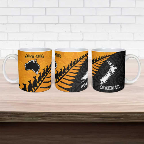 Australia New Zealand Rugby Ceramic Mug Gold Aboriginal Wallabies and Maori Black Fern - Aussie Hoodie